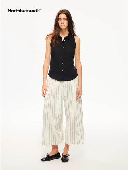 Black White Striped Double Pleated Cropped Women&