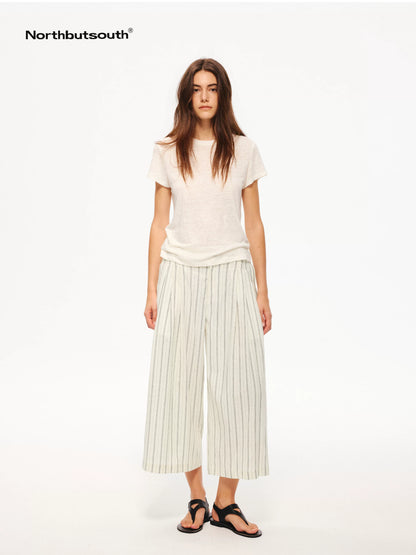 Black White Striped Double Pleated Cropped Women&