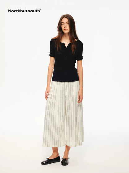 Black White Striped Double Pleated Cropped Women&