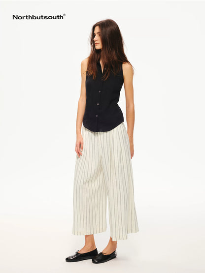 Black White Striped Double Pleated Cropped Women&