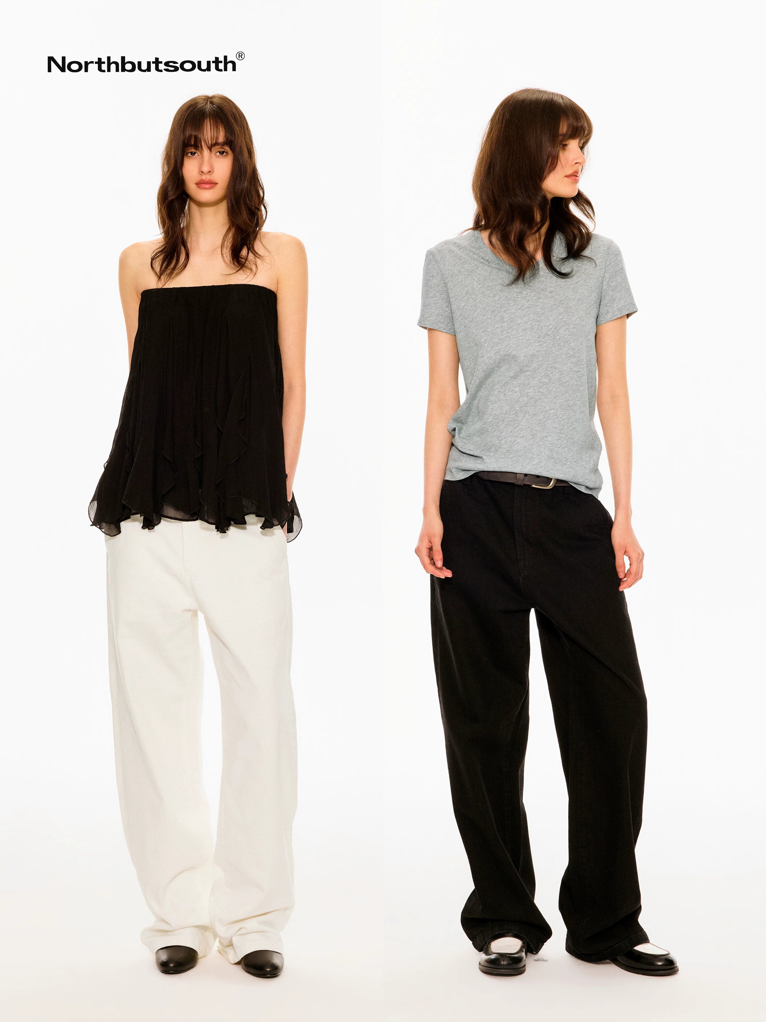 Black White Washed Slanted Pockets Women&