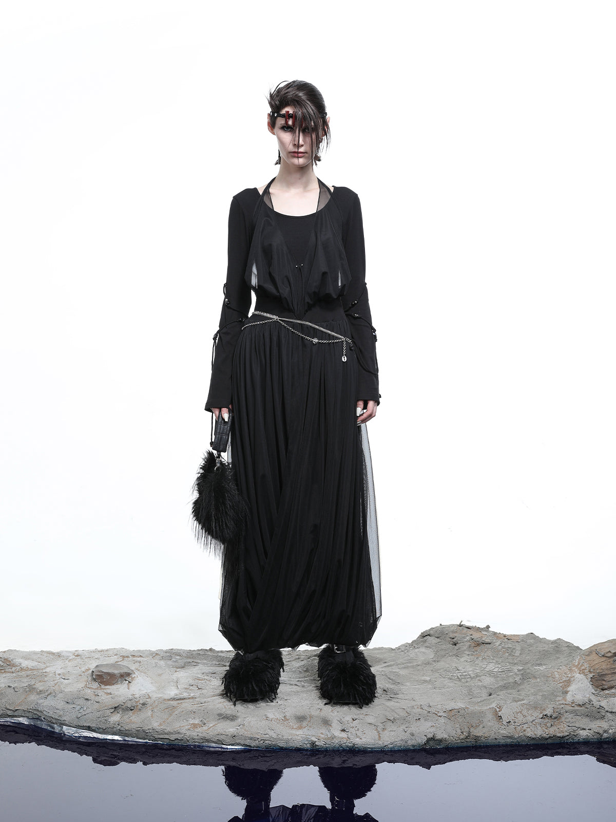 NN NORTH NODE High Neck Mesh Paneled Beaded Maxi Dress with Mock Two Piece Design