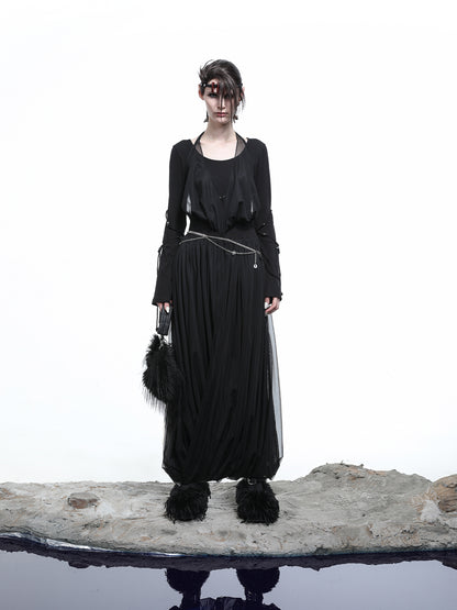 NN NORTH NODE High Neck Mesh Paneled Beaded Maxi Dress with Mock Two Piece Design