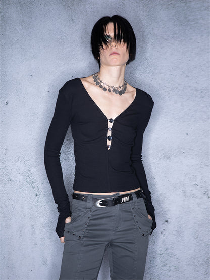 UpdateNN NORTH NODE Low Back Beaded V-Neck Long Sleeve Top