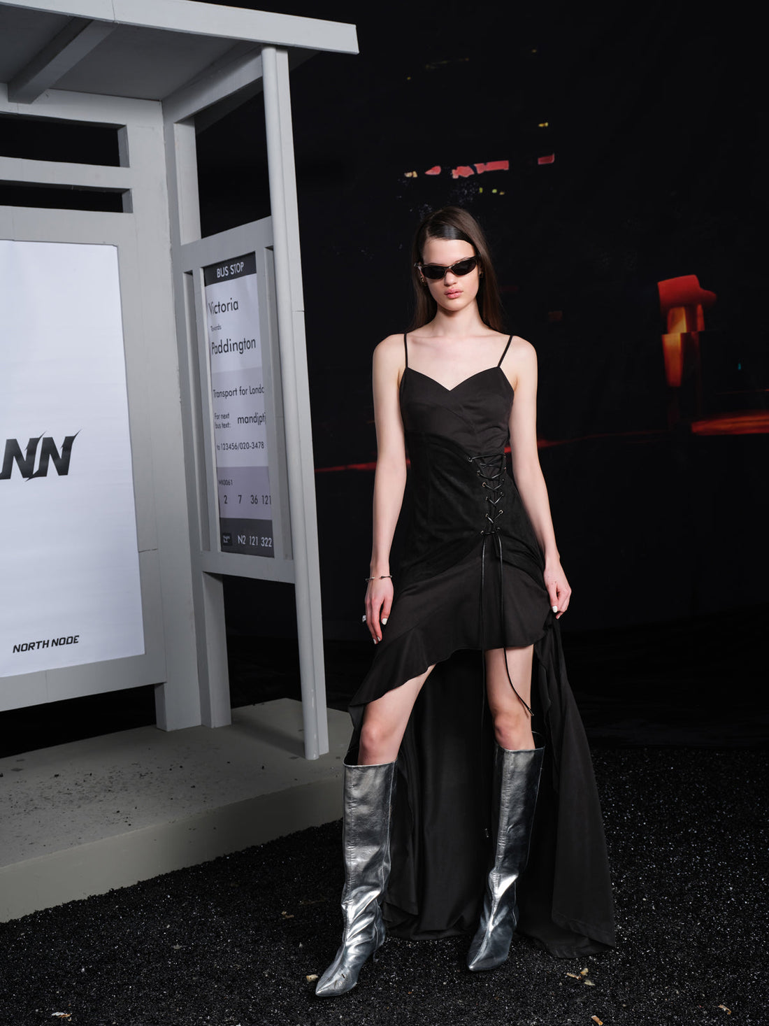 UpdateNN NORTH NODE Suede Panel Asymmetrical Slip Dress V-neck T-shirt Long Sleeve