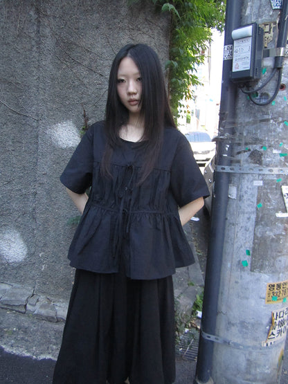 ang project Korean Style Lightweight Tied Waist Pleated Single Row Button Short Sleeve Top