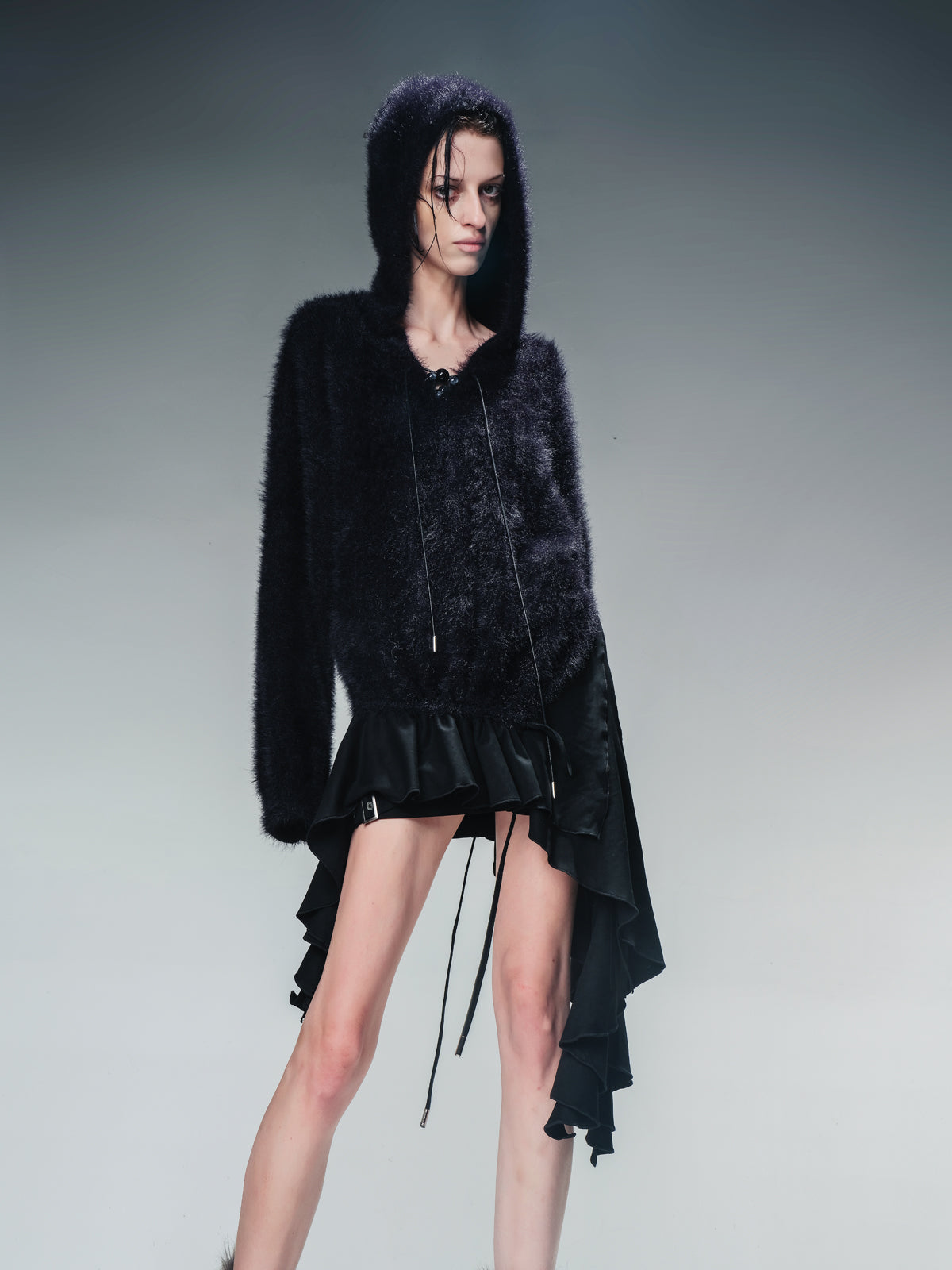 NN NORTH NODE Distressed Suede Panel Asymmetrical Knit Sweater