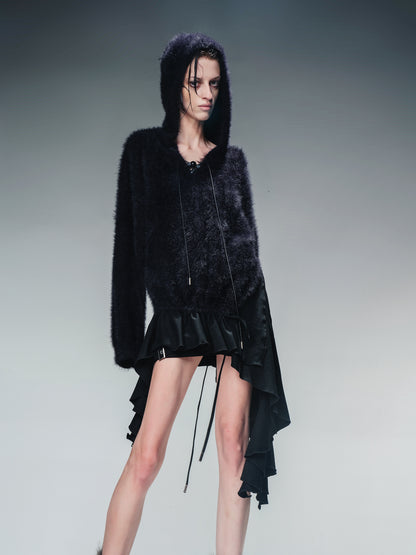 NN NORTH NODE Distressed Suede Panel Asymmetrical Knit Sweater