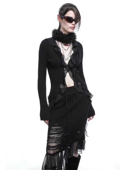 NN NORTH NODE Tattered Lace Mesh Trimmed Knit Cardigan