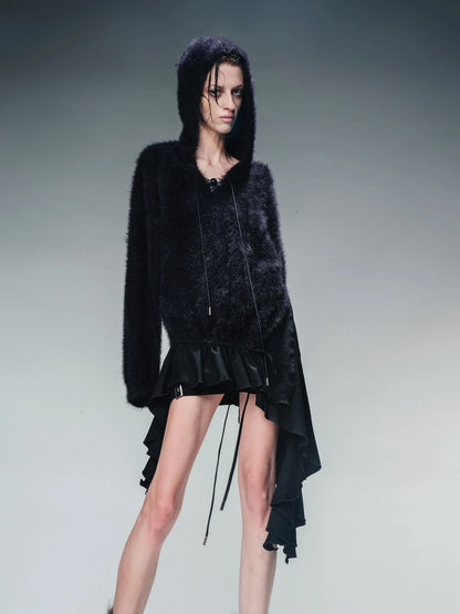 Distressed Suede Panel Asymmetrical Knit Sweater