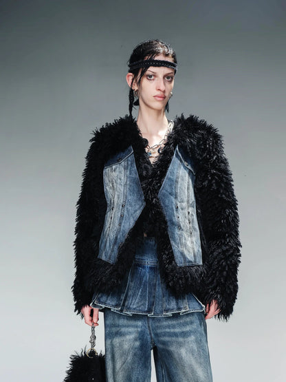 Washed Denim Patchwork Faux Fur Lined Jacket