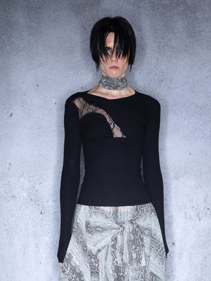 UpdateNN NORTH NODE Lace Paneled Knit Tee With Slanted Hem