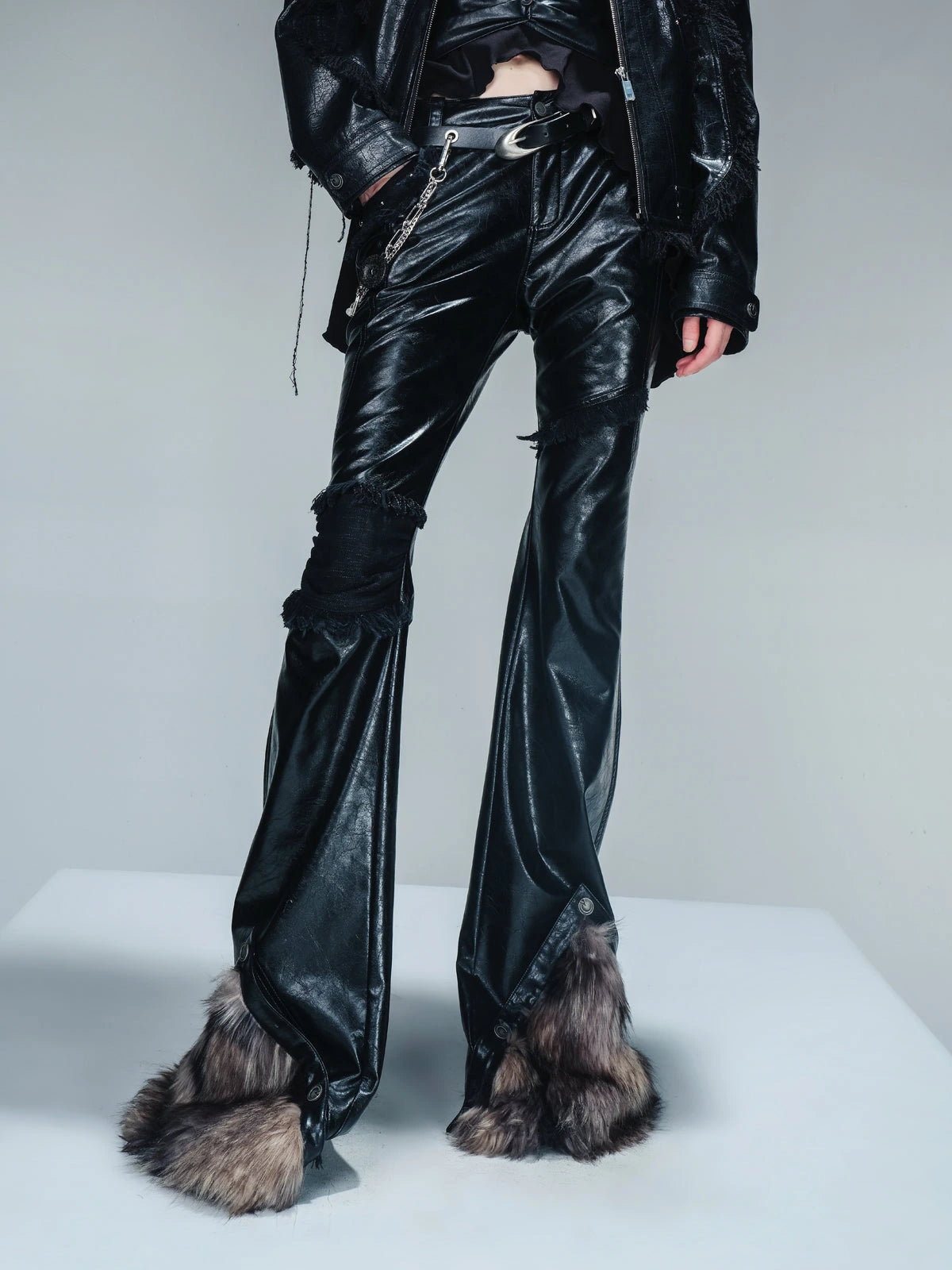 Frayed Hem Flared Leather Pants with Detachable Fur Trim