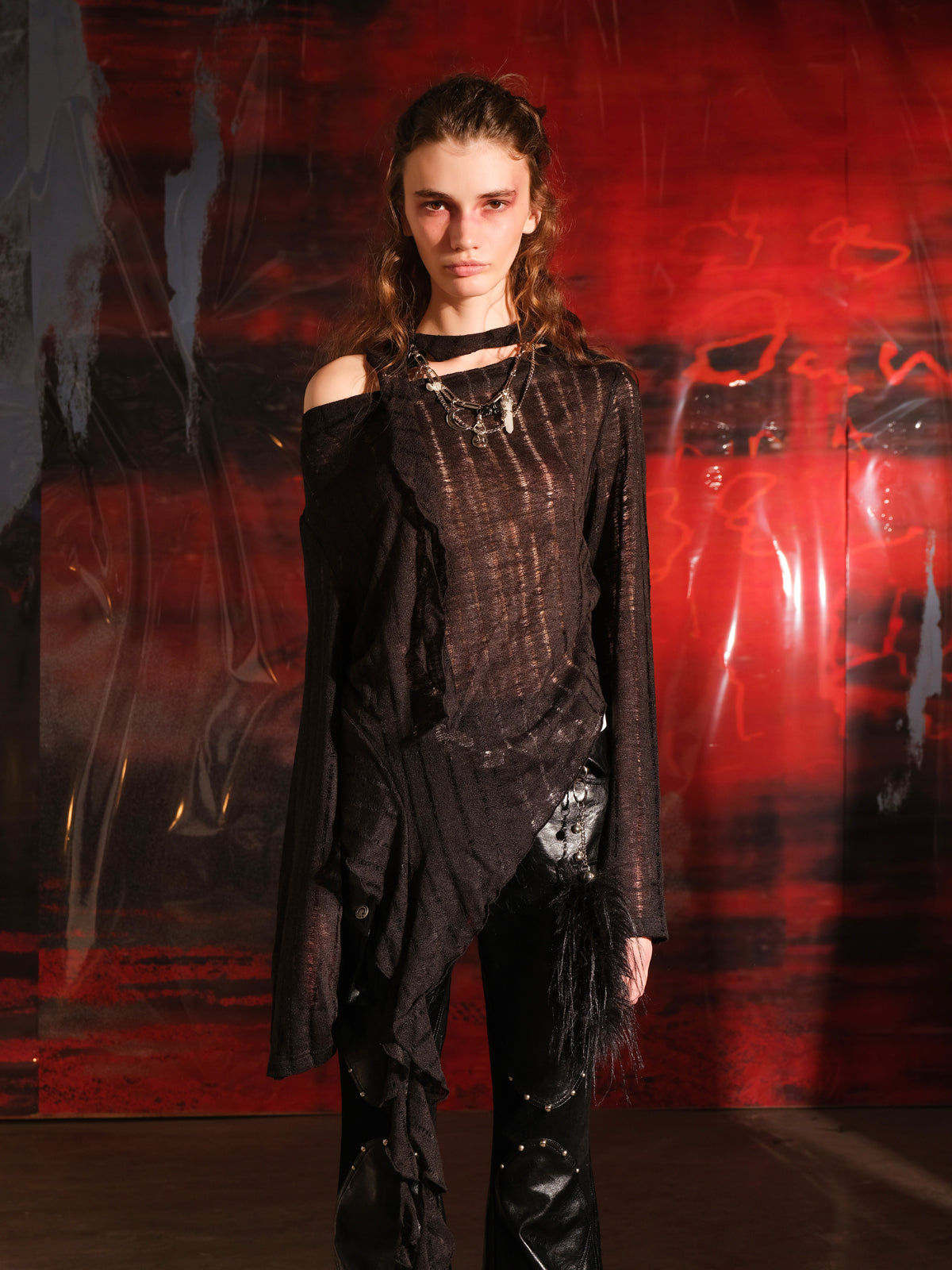 UpdateNN NORTH NODE Dune Wasteland Style Irregular Ruffled Knit Top V-Neck T-Shirt Long-Sleeve