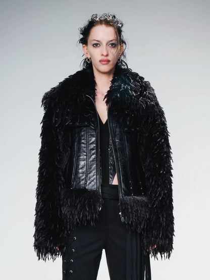 Vintage Waxed Leather Patchwork Faux Fur Coat