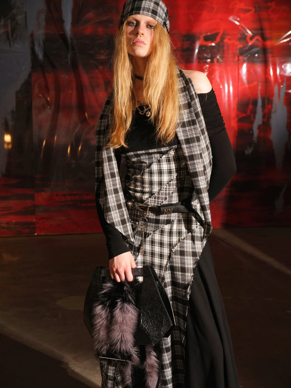 Patchwork Plaid Off Shoulder Dress With Detachable Scarf