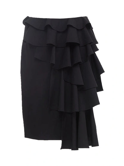 Asymmetrical Lace Trim Black Straight Skirt