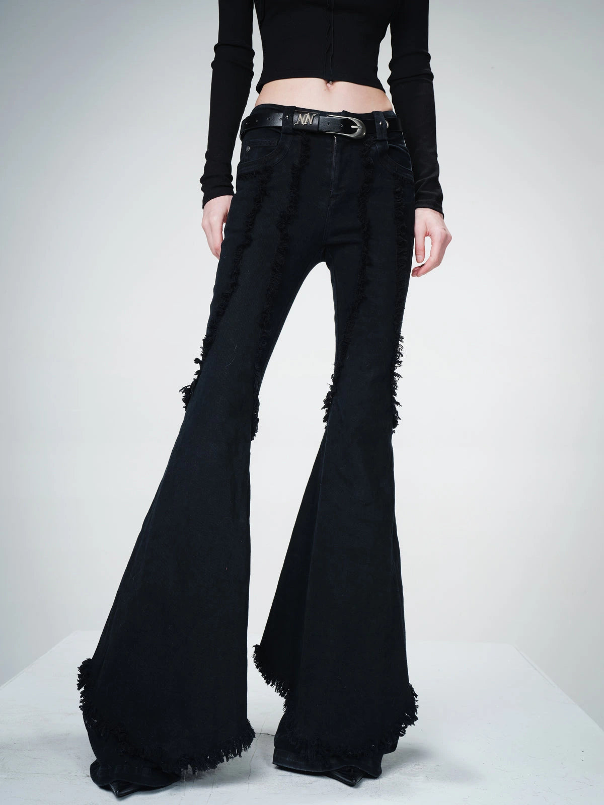 Distressed Slim Fit Flared Denim Trousers