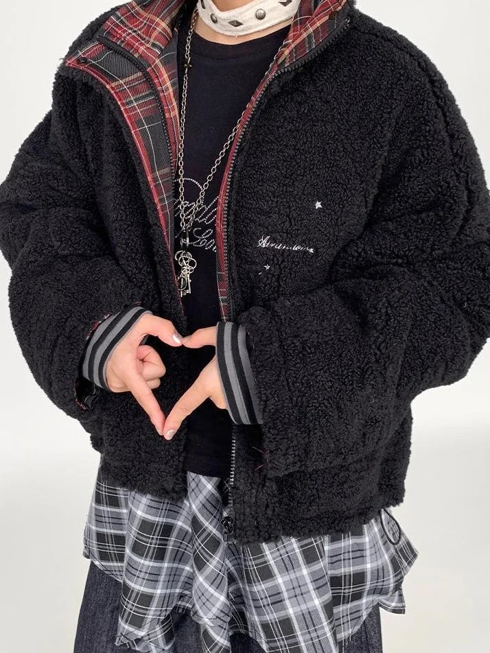 Blackberry Plaid Sherpa-Lined Winter Jacket Coats