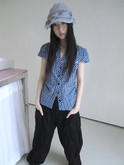 Summer Checkered Polo Waist Fit Short Sleeve Shirt