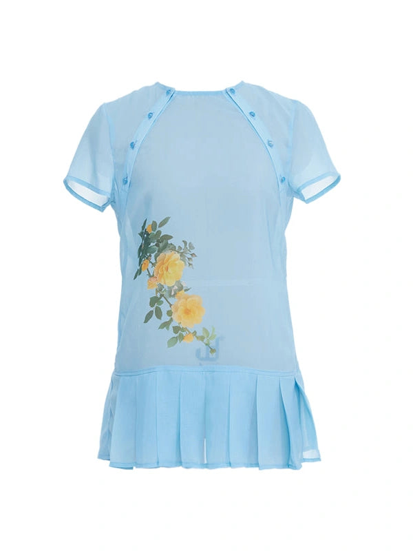 Blue Floral Chiffon Blouse With Pleated Hem