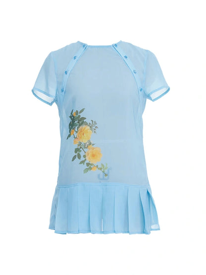 Blue Floral Chiffon Blouse With Pleated Hem