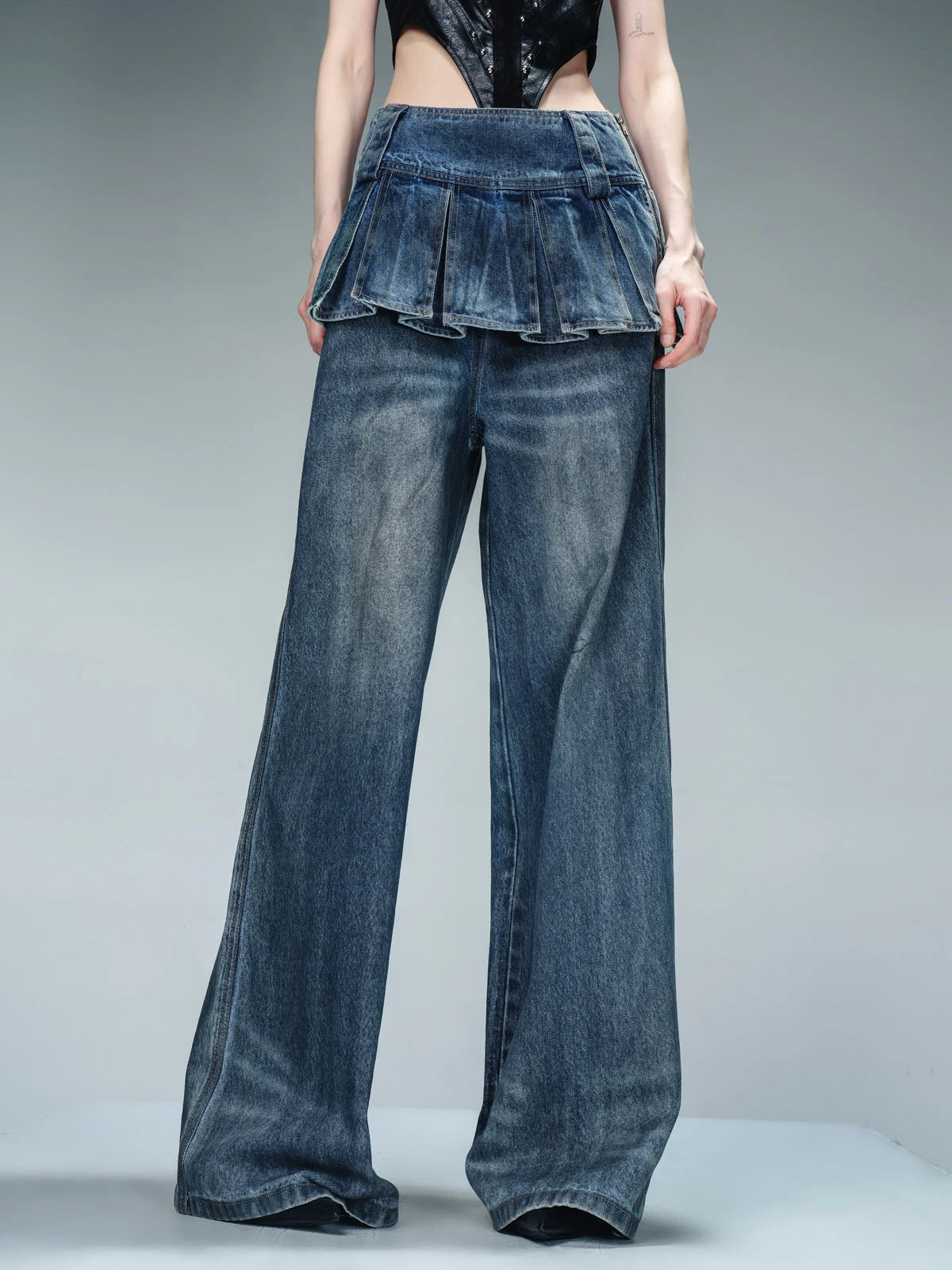 Denim Culottes With Wide Leg And Pleated Detail