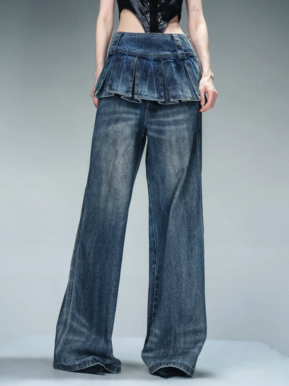 Denim Culottes With Wide Leg And Pleated Detail