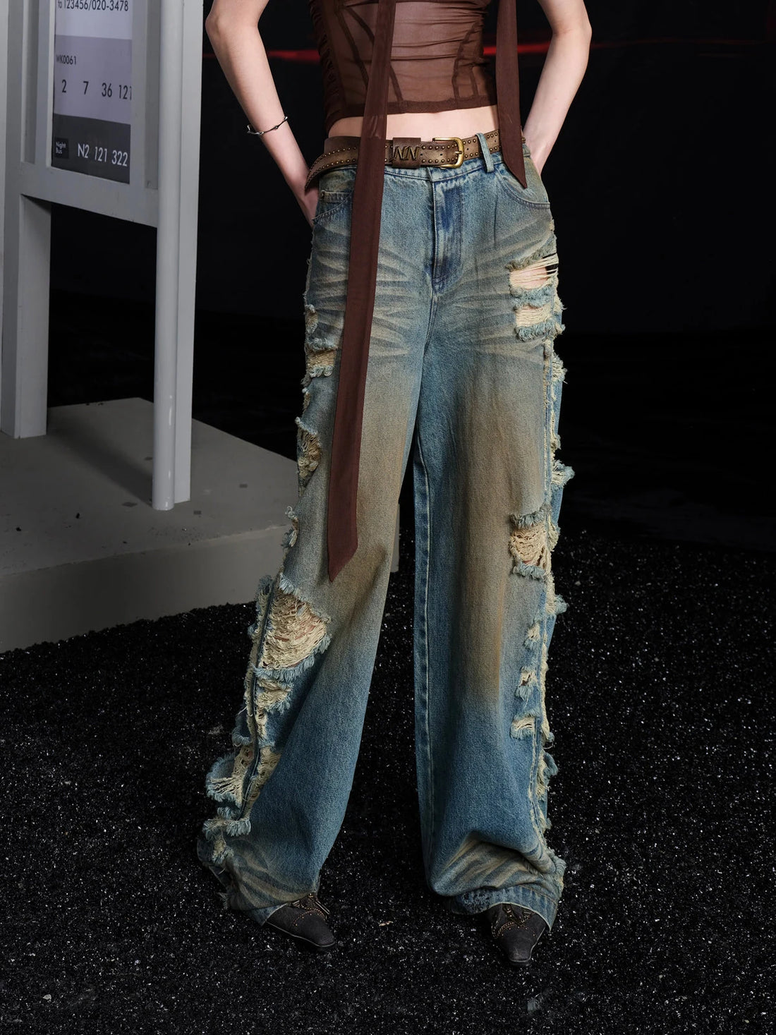 Distressed Denim Wide Leg Jeans With Artistic Torn Details