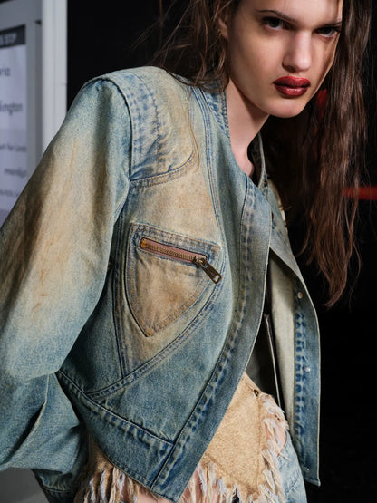 Vintage Washed Distressed Cowboy Denim Jacket