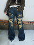Vintage Light Wash Frayed Hem Patchwork Leopard Ripped Flared Jeans