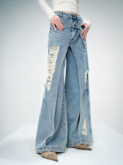 UpdateNN NORTH NODE Double Layer Blue Jeans With Solemn Penetration Effect