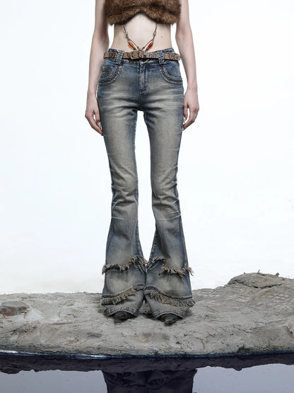 Ruffle Wash Flared Denim Trousers