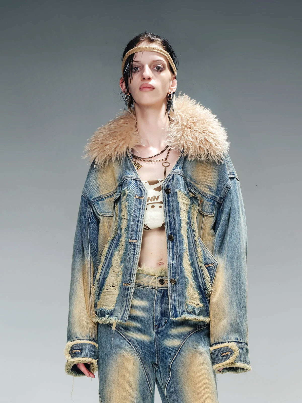 Quilted Denim Jacket With Fur Trim