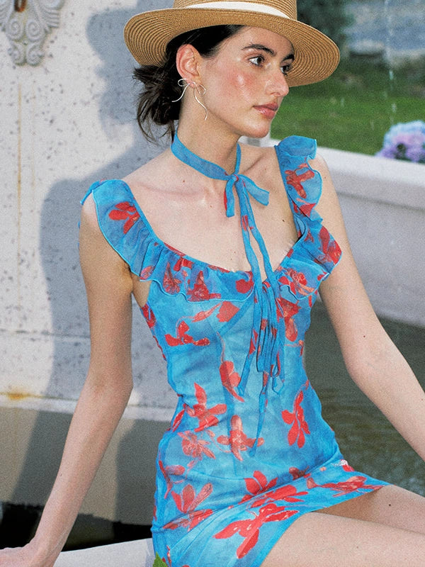 Blue Flutter Sleeve Wrap Dress With Print