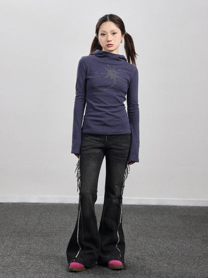 Achihara Hooded Star Print Thermal Long Sleeve T Shirt