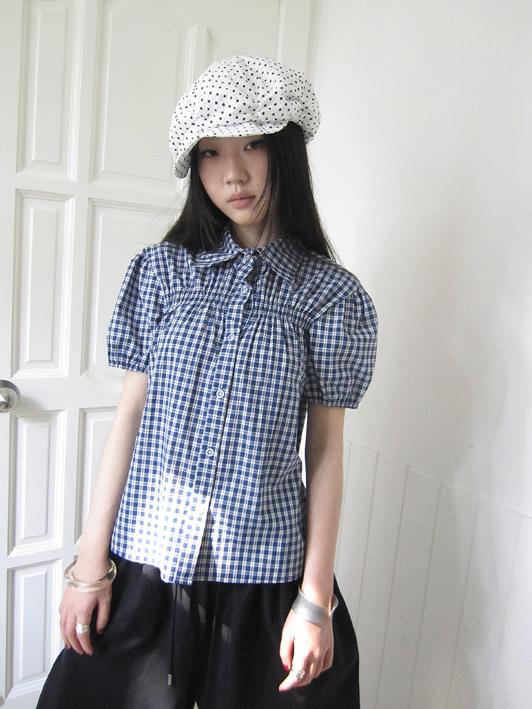 ang project Puff Sleeve Plaid Short Sleeve Shirt