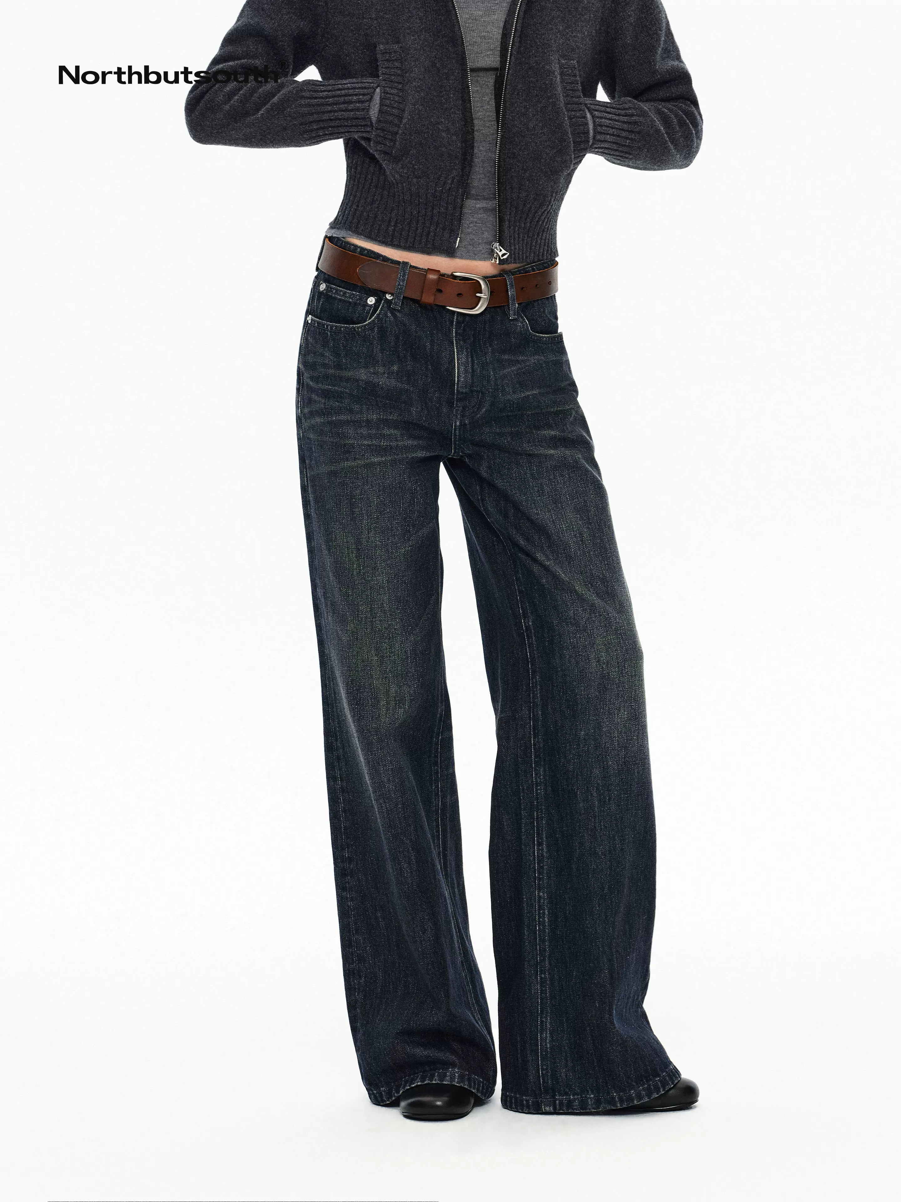 Blue Black Washed Distressed Slub Low Rise Women&