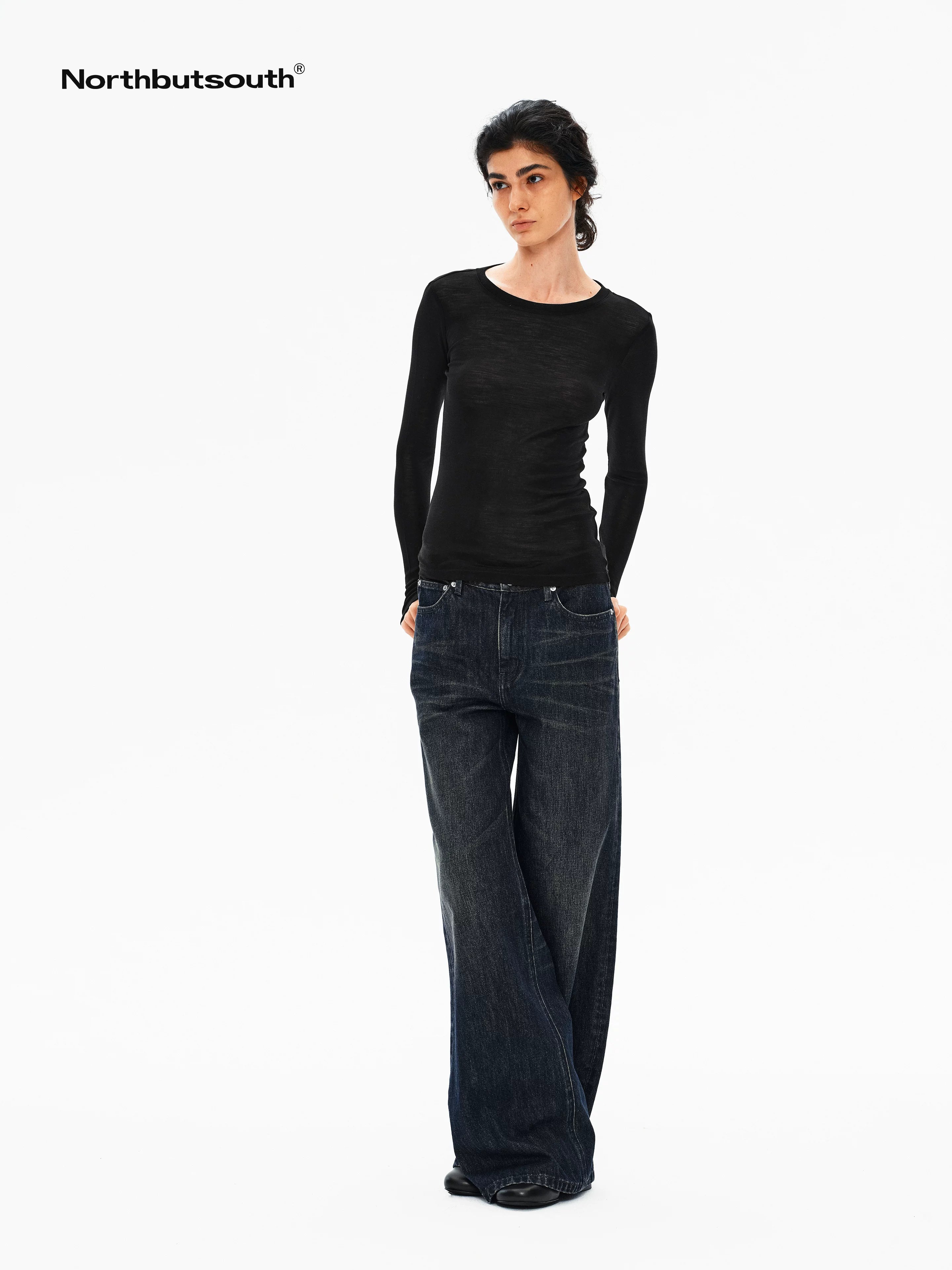 Blue Black Washed Distressed Slub Low Rise Women&
