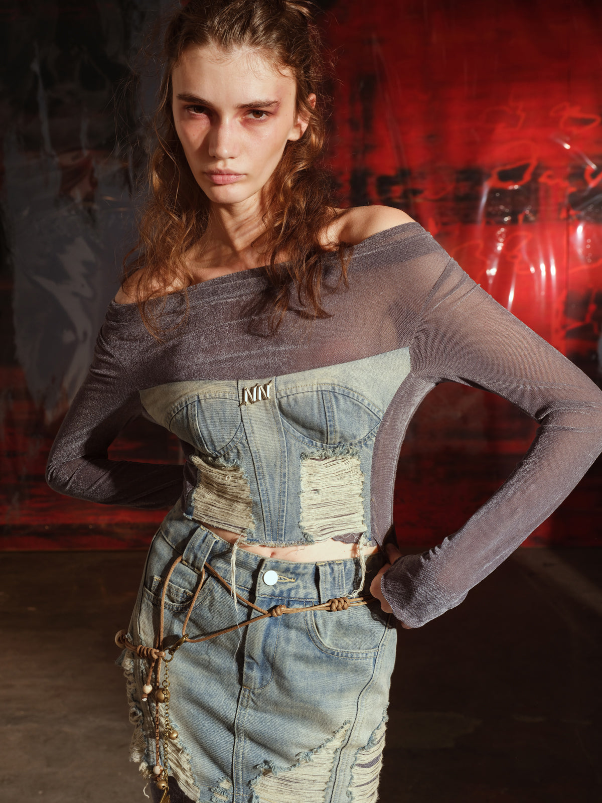 UpdateNN NORTH NODE Flocked Mesh Denim Off Shoulder Top Skirt Set