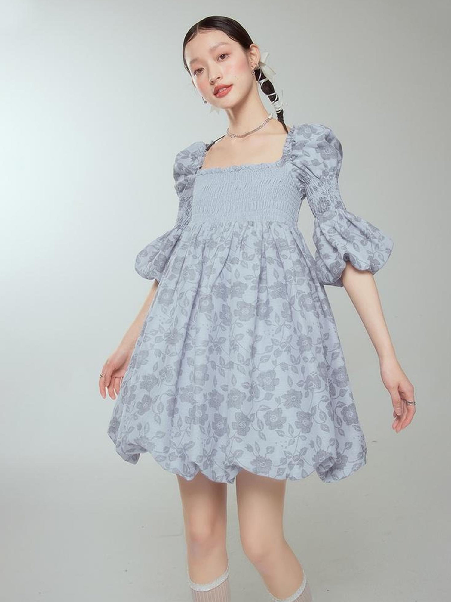 DIDDI MODA Blue Floral Jacquard Bubble Dress With Puff Sleeves