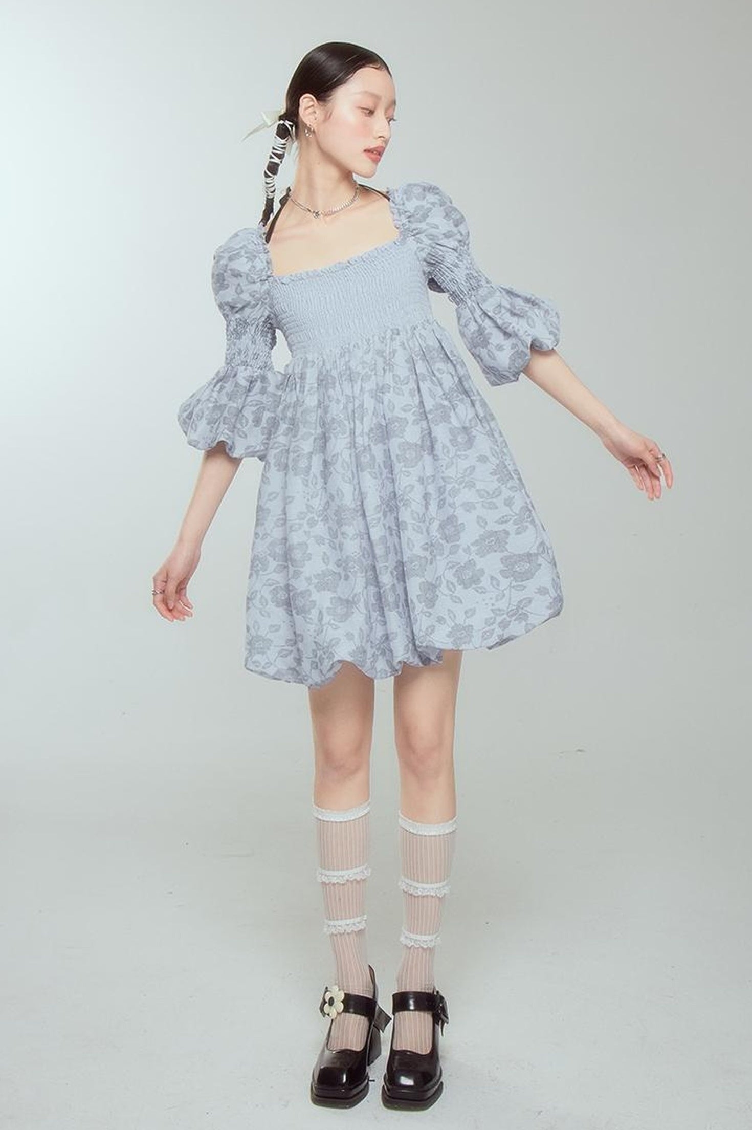 DIDDI MODA Blue Floral Jacquard Bubble Dress With Puff Sleeves