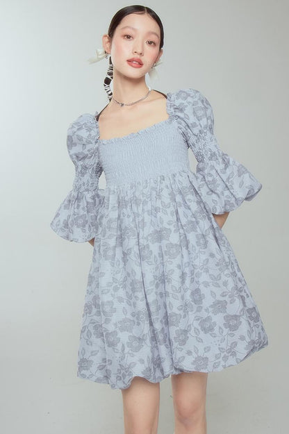 DIDDI MODA Blue Floral Jacquard Bubble Dress With Puff Sleeves