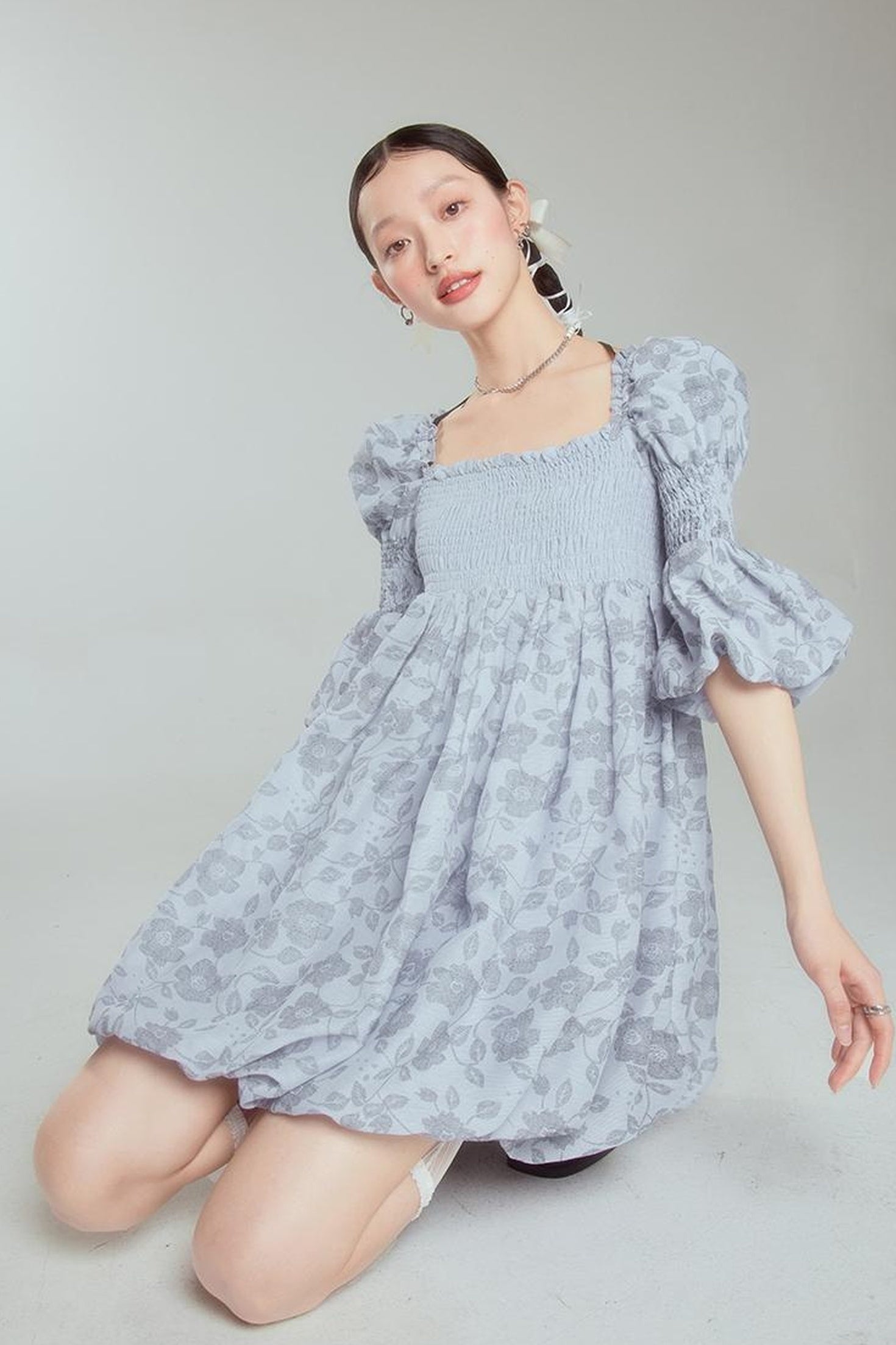 DIDDI MODA Blue Floral Jacquard Bubble Dress With Puff Sleeves