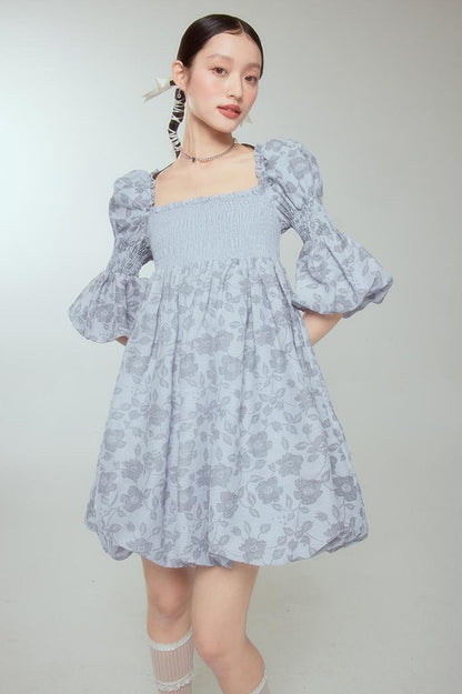 DIDDI MODA Blue Floral Jacquard Bubble Dress With Puff Sleeves