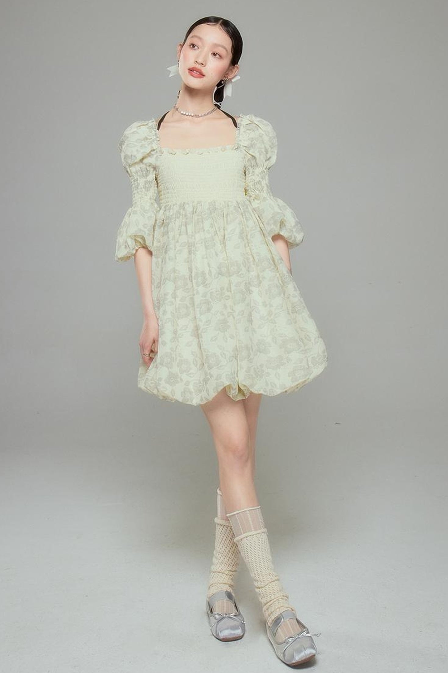 DIDDI MODA Blue Floral Jacquard Bubble Dress With Puff Sleeves