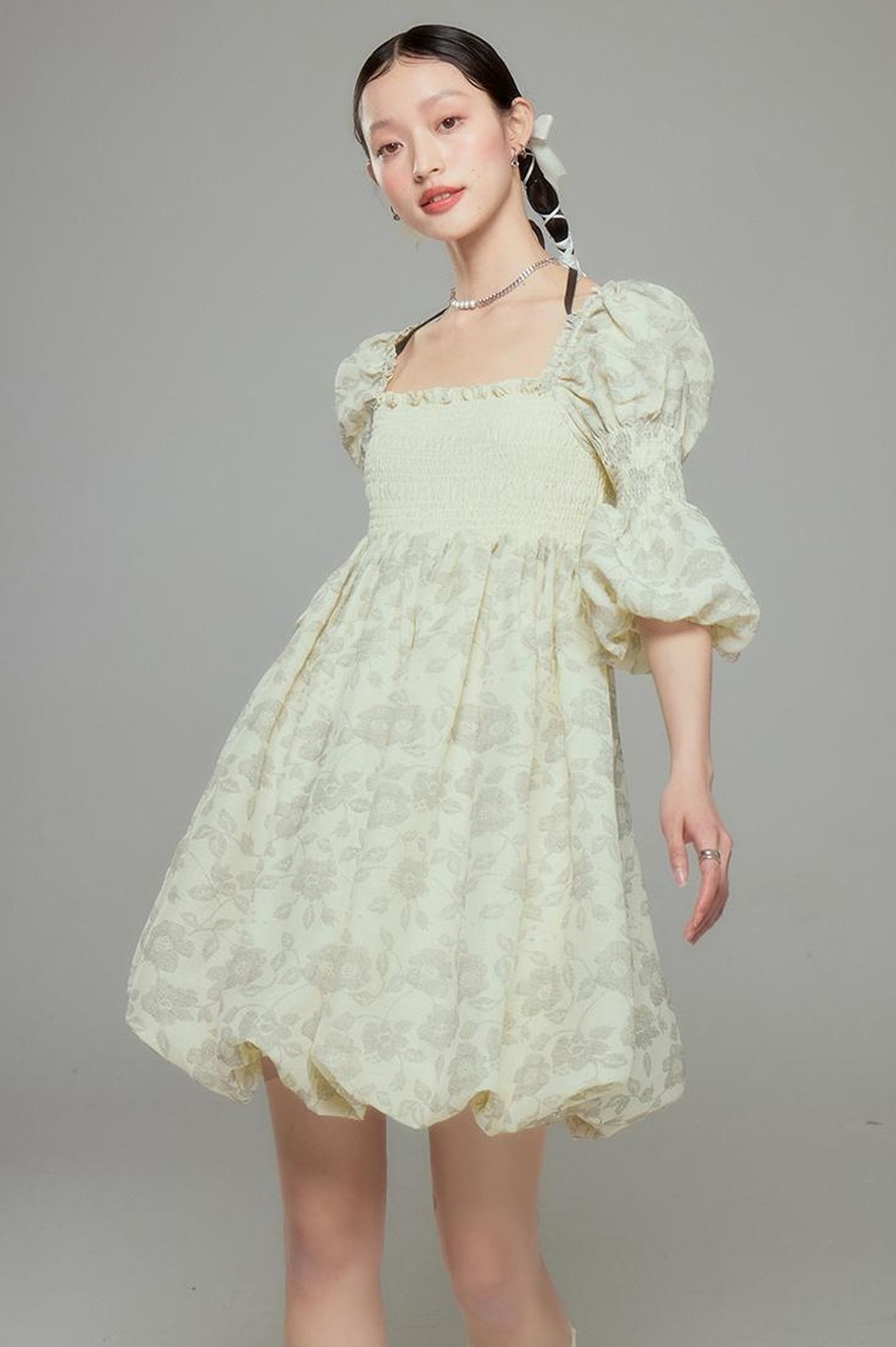 DIDDI MODA Blue Floral Jacquard Bubble Dress With Puff Sleeves