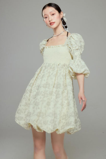 DIDDI MODA Blue Floral Jacquard Bubble Dress With Puff Sleeves