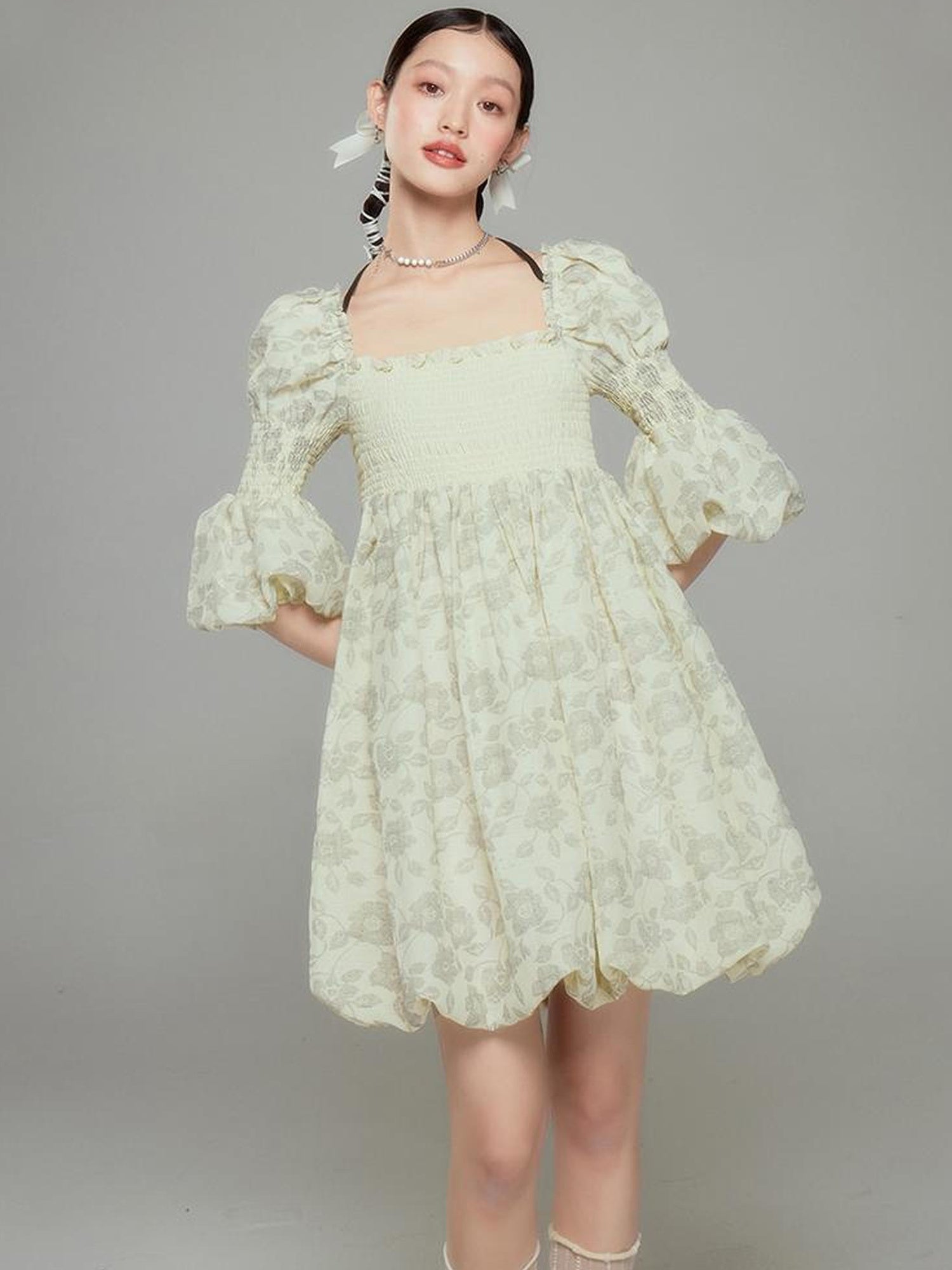 DIDDI MODA Blue Floral Jacquard Bubble Dress With Puff Sleeves