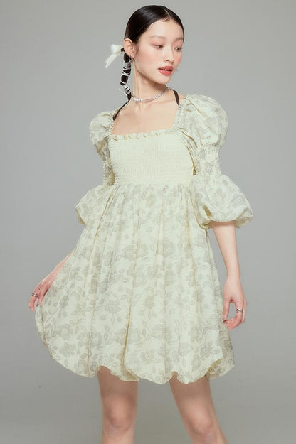 DIDDI MODA Blue Floral Jacquard Bubble Dress With Puff Sleeves